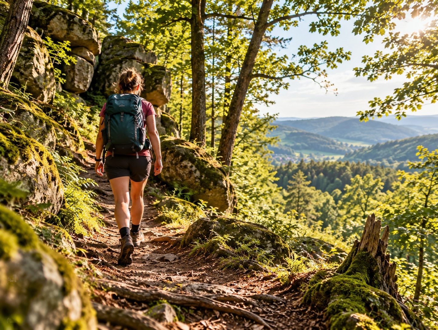 Wanderin mit Rucksack auf schmalem Pfad durch sonnigen Bergwald, Blick in die Odenwälder Hügel